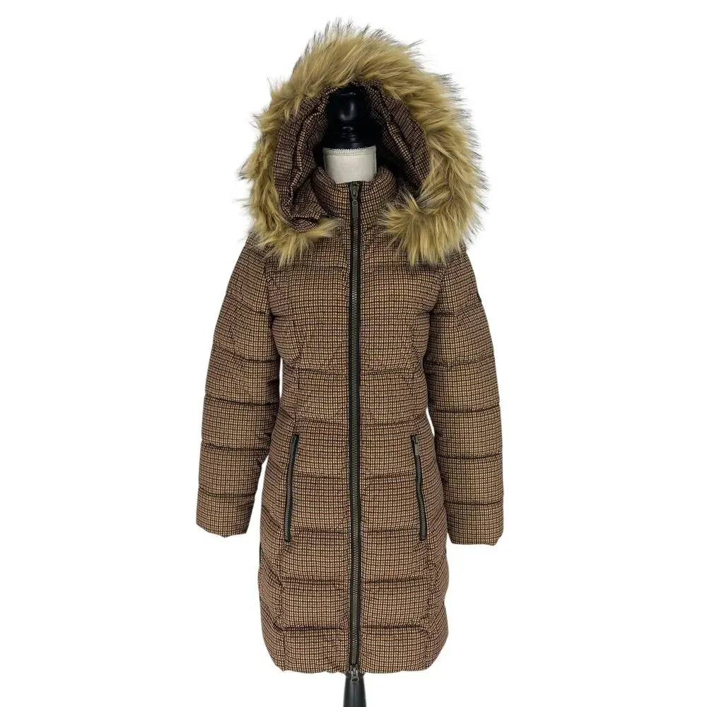 C-RO‎ Denmark Houndstooth 2-Way Stretch Puffer Coat with Faux Fur Hood Size 4